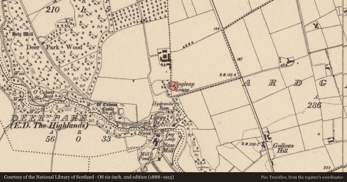 Ordnance Survey six-inch map, 2nd edition (1888–1915) covering the location of Dogleap House, Deer Park, Causeway Coast and Glens, with a pin at the register's coordinates