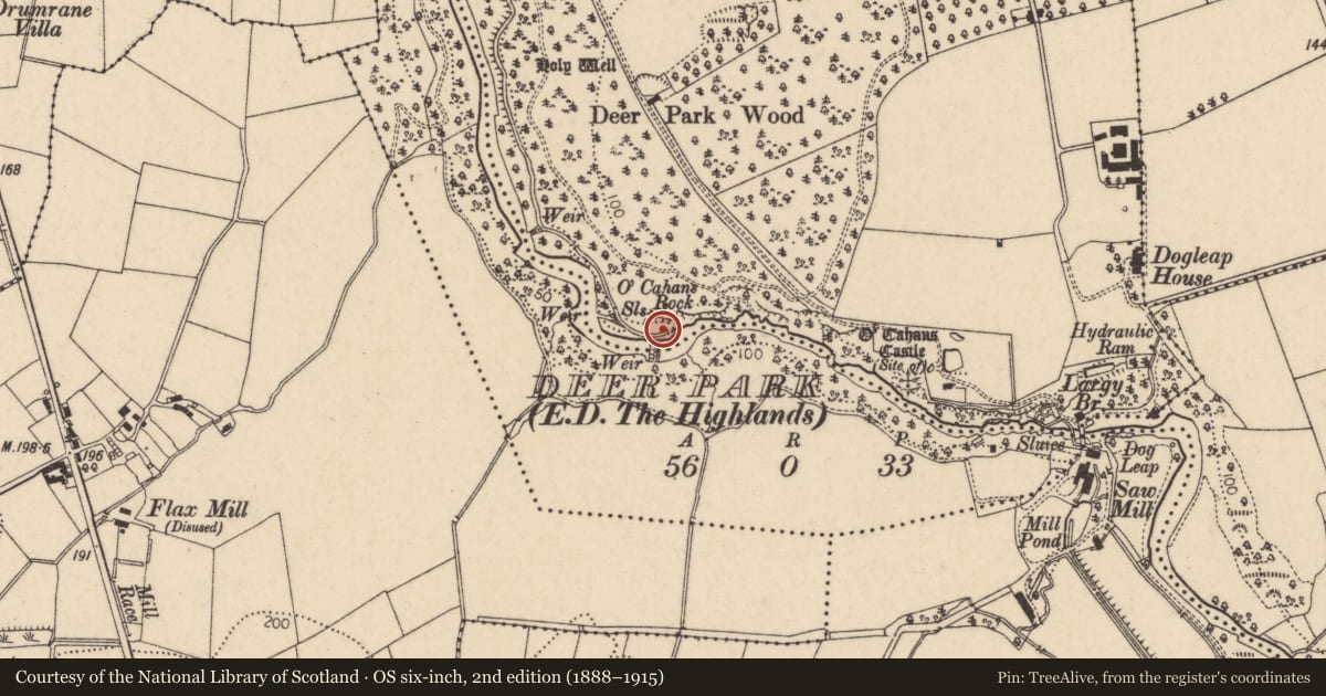 Ordnance Survey six-inch map, 2nd edition (1888–1915) covering the location of Summer House, Deer Park, Causeway Coast and Glens, with a pin at the register's coordinates