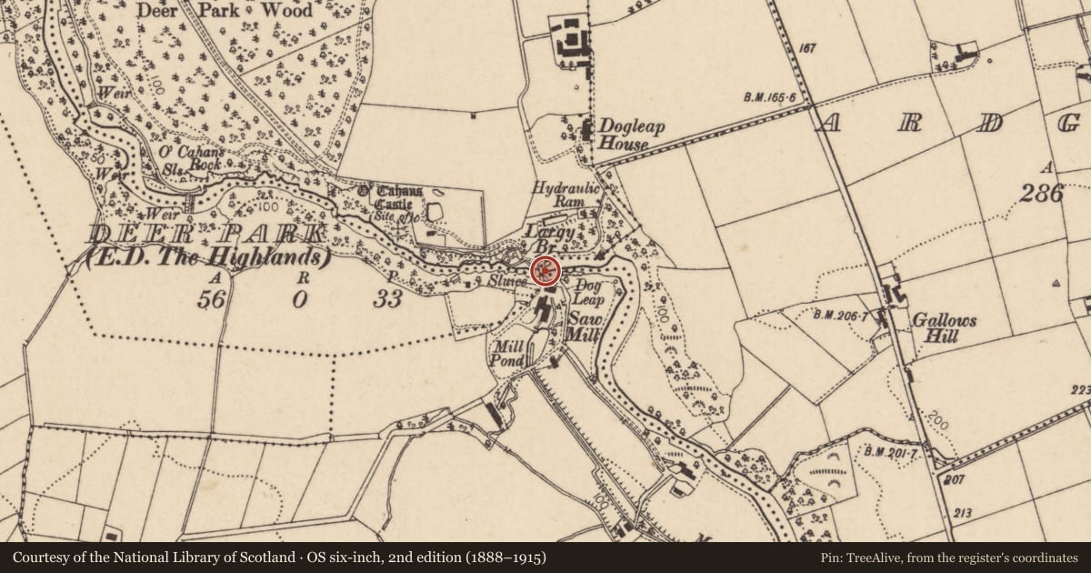 Ordnance Survey six-inch map, 2nd edition (1888–1915) covering the location of Hydraulic Ram, Deer Park, Causeway Coast and Glens, with a pin at the register's coordinates