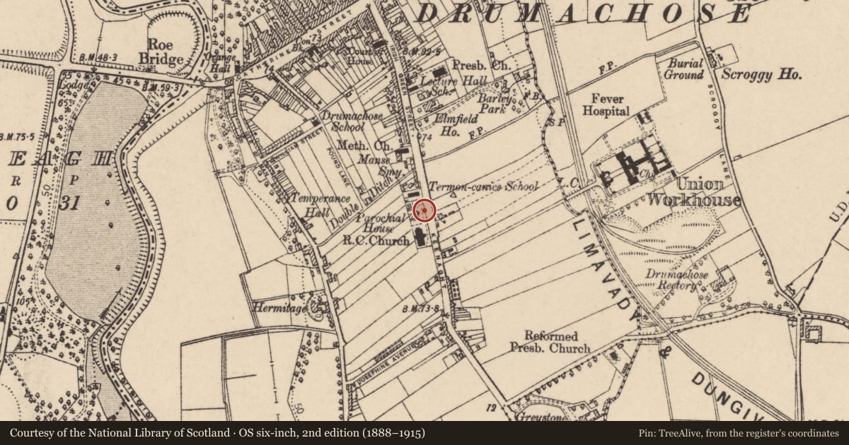 Ordnance Survey six-inch map, 2nd edition (1888–1915) covering the location of Termoncanice Old School, Newtown Limavady, Causeway Coast and Glens, with a pin at the register's coordinates