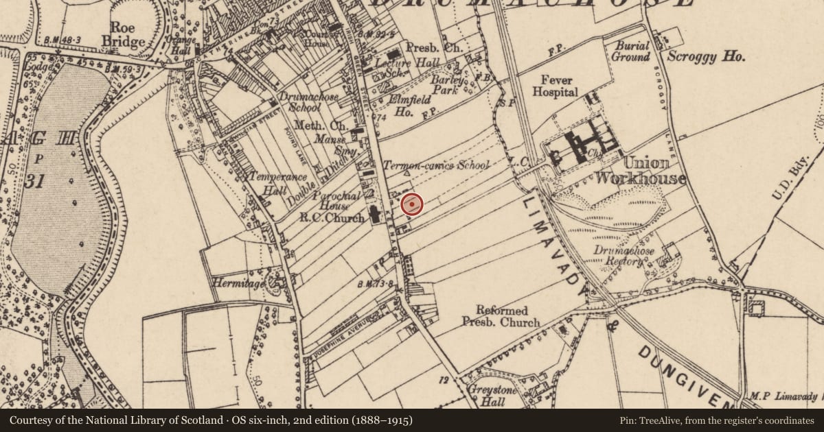 Ordnance Survey six-inch map, 2nd edition (1888–1915) covering the location of 94 Irish Green Street, Binevenagh, Causeway Coast and Glens, with a pin at the register's coordinates