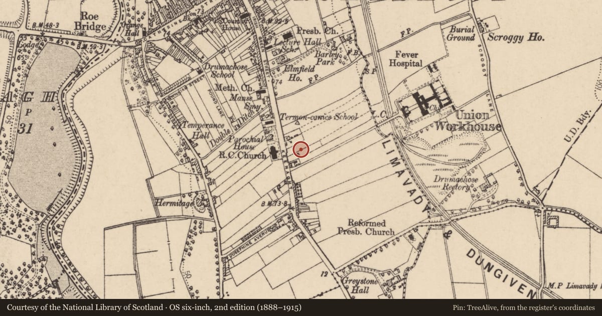 Ordnance Survey six-inch map, 2nd edition (1888–1915) covering the location of 96 Irish Green Street, Binevenagh, Causeway Coast and Glens, with a pin at the register's coordinates