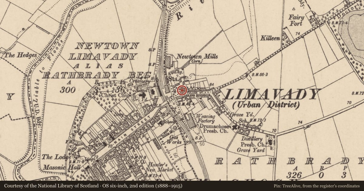 Ordnance Survey six-inch map, 2nd edition (1888–1915) covering the location of 6-8 Ballyclose Street, Rathbrady More, Causeway Coast and Glens, with a pin at the register's coordinates