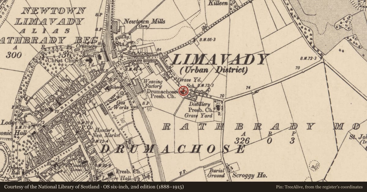Ordnance Survey six-inch map, 2nd edition (1888–1915) covering the location of Drumachose Presbyterian Church, Rathbrady More, Causeway Coast and Glens, with a pin at the register's coordinates