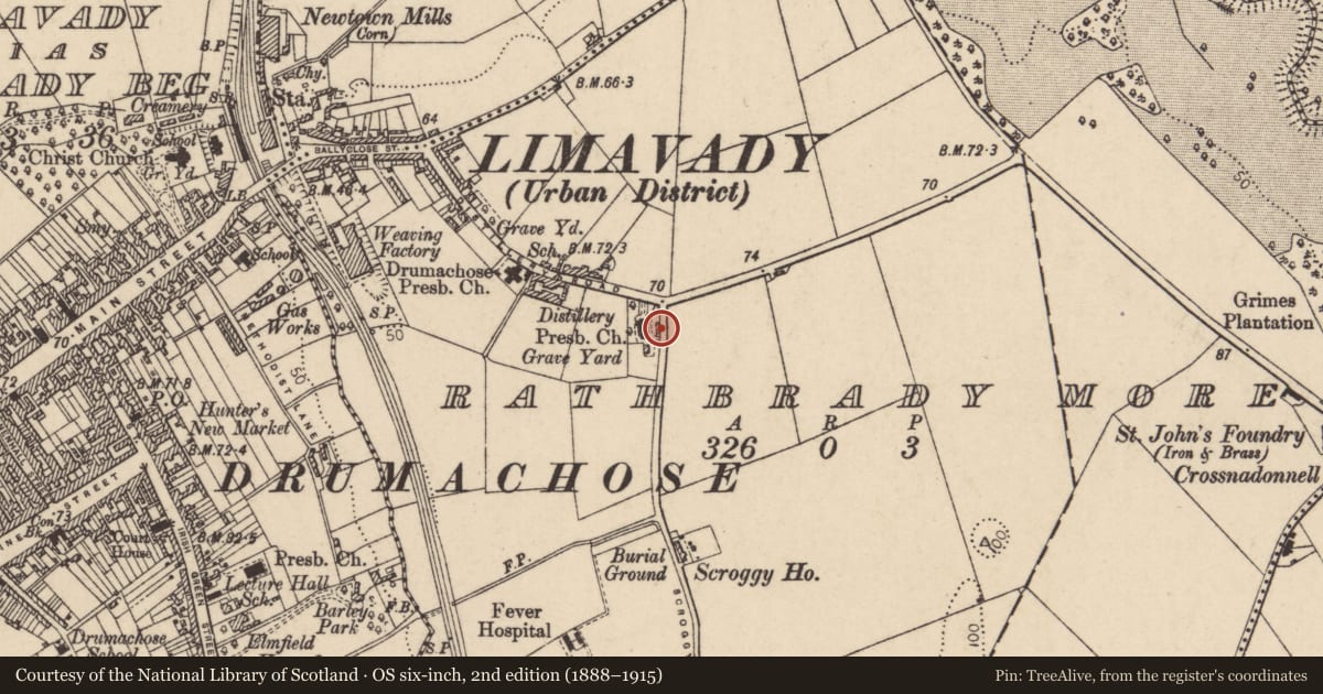 Ordnance Survey six-inch map, 2nd edition (1888–1915) covering the location of 1st Limavady Presbyterian Church, Rathbrady More, Causeway Coast and Glens, with a pin at the register's coordinates