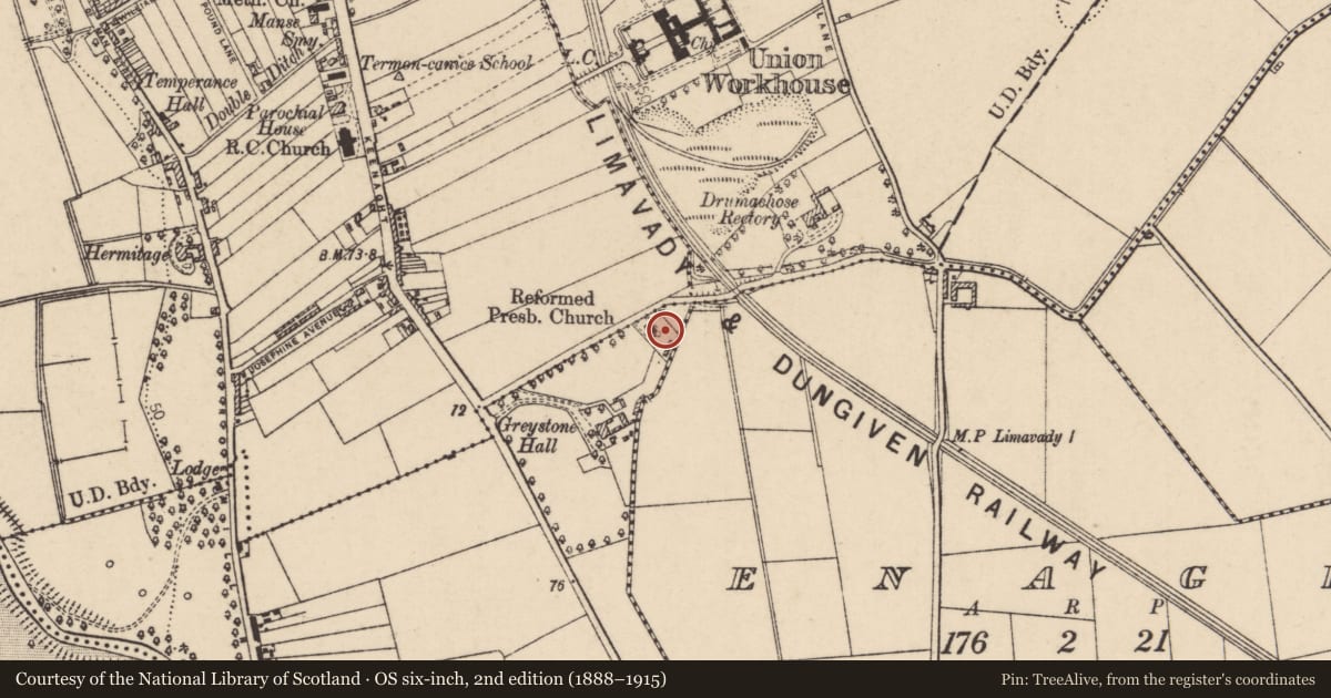 Ordnance Survey six-inch map, 2nd edition (1888–1915) covering the location of Reformed Presbyterian Church, Rathbrady More, Causeway Coast and Glens, with a pin at the register's coordinates
