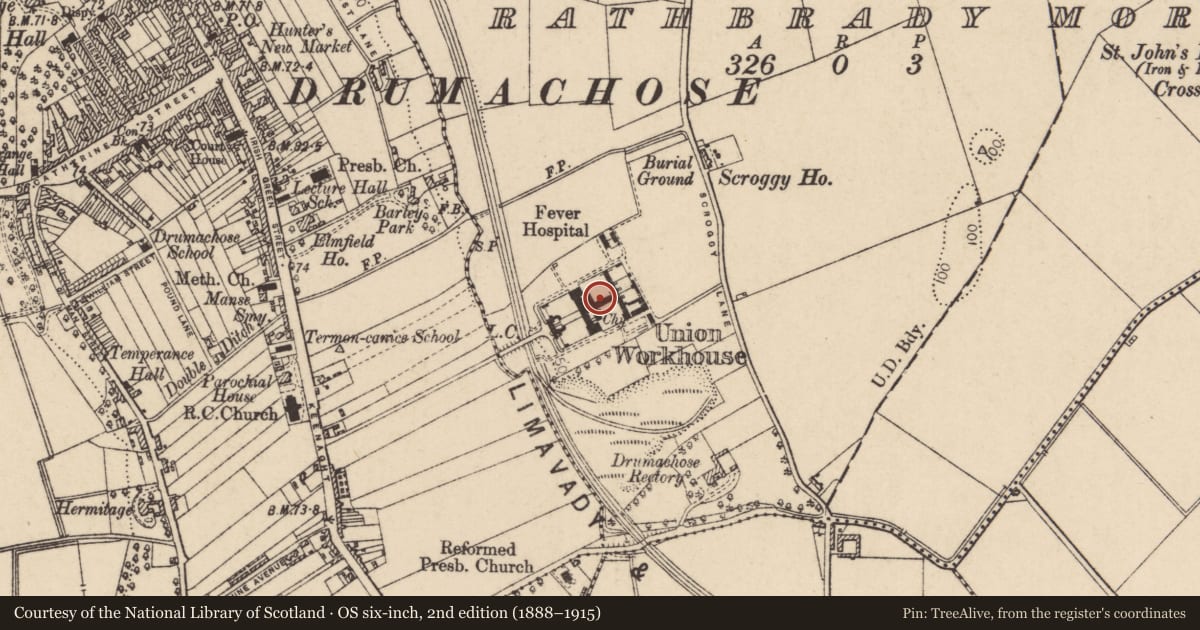 Ordnance Survey six-inch map, 2nd edition (1888–1915) covering the location of Roe Valley Hospital, Rathbrady More, Causeway Coast and Glens, with a pin at the register's coordinates