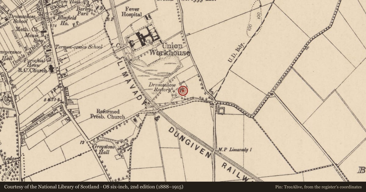 Ordnance Survey six-inch map, 2nd edition (1888–1915) covering the location of Drumachose House, Rathbrady More, Causeway Coast and Glens, with a pin at the register's coordinates