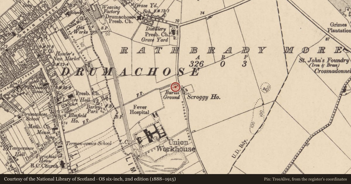 Ordnance Survey six-inch map, 2nd edition (1888–1915) covering the location of Limavady Union Workhouse, Rathbrady More, Causeway Coast and Glens, with a pin at the register's coordinates