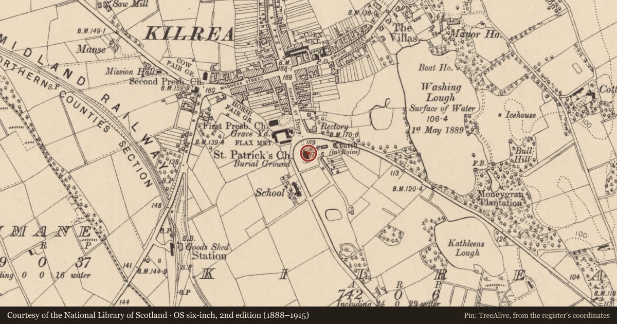 Ordnance Survey six-inch map, 2nd edition (1888–1915) covering the location of St Patricks Church, Kilrea, Causeway Coast and Glens, with a pin at the register's coordinates