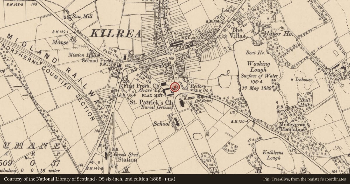 Ordnance Survey six-inch map, 2nd edition (1888–1915) covering the location of 31 Church Square, Kilrea, Causeway Coast and Glens, with a pin at the register's coordinates