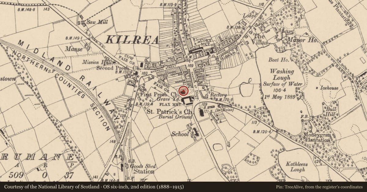 Ordnance Survey six-inch map, 2nd edition (1888–1915) covering the location of First Presbyterian Church, Kilrea, Causeway Coast and Glens, with a pin at the register's coordinates