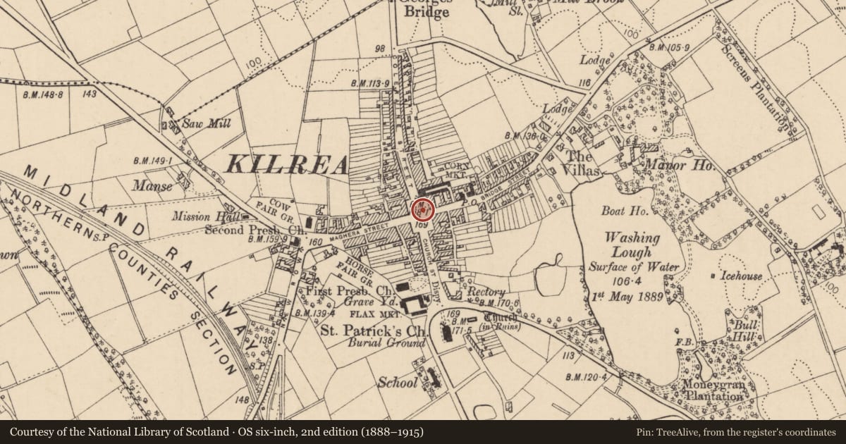 Ordnance Survey six-inch map, 2nd edition (1888–1915) covering the location of War Memorial, Kilrea, Causeway Coast and Glens, with a pin at the register's coordinates