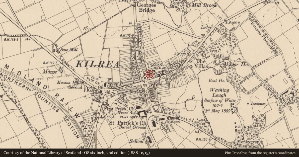 Ordnance Survey six-inch map, 2nd edition (1888–1915) covering the location of 24-25 The Diamond, Kilrea, Causeway Coast and Glens, with a pin at the register's coordinates