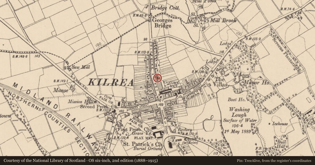 Ordnance Survey six-inch map, 2nd edition (1888–1915) covering the location of 35 Coleraine Street, Causeway Coast and Glens, with a pin at the register's coordinates
