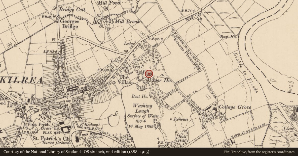 Ordnance Survey six-inch map, 2nd edition (1888–1915) covering the location of The Manor House, Kilrea, Causeway Coast and Glens, with a pin at the register's coordinates