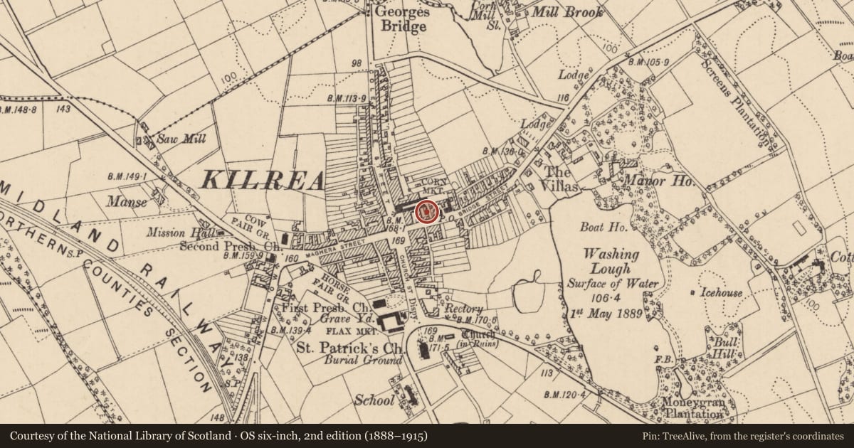 Ordnance Survey six-inch map, 2nd edition (1888–1915) covering the location of 6-8 Bridge St, Causeway Coast and Glens, with a pin at the register's coordinates