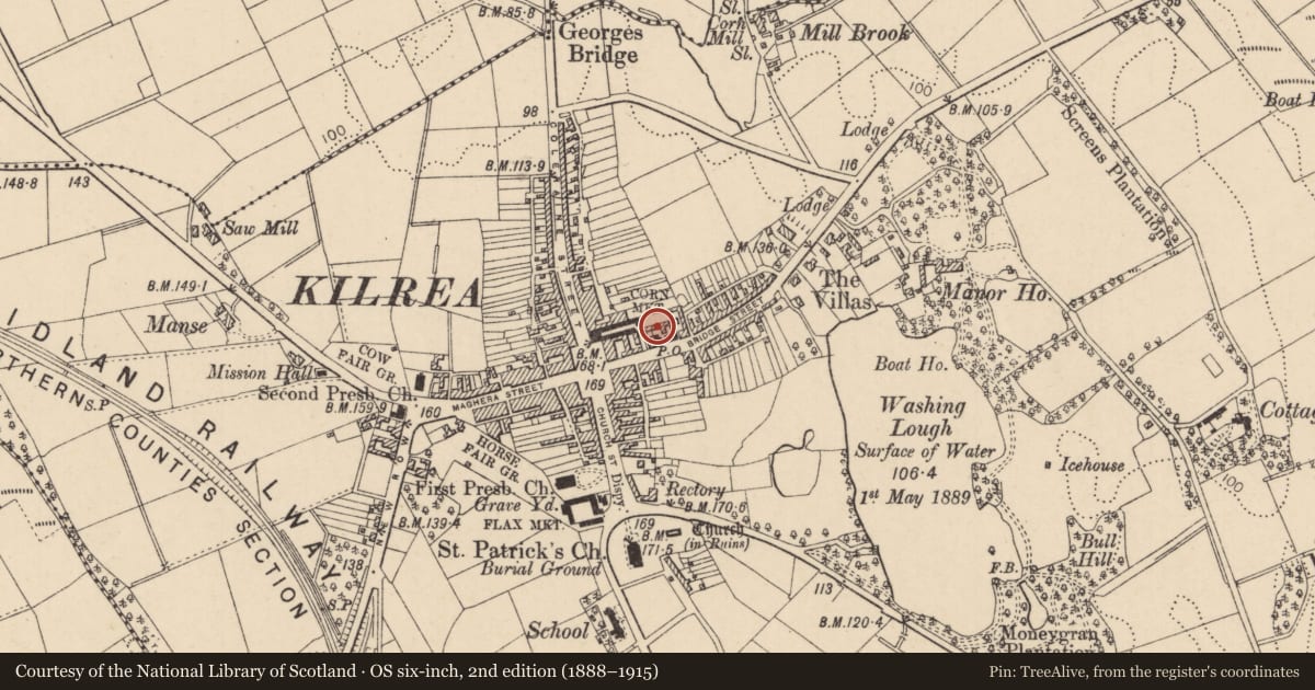 Ordnance Survey six-inch map, 2nd edition (1888–1915) covering the location of Albert Place, Kilrea, Causeway Coast and Glens, with a pin at the register's coordinates