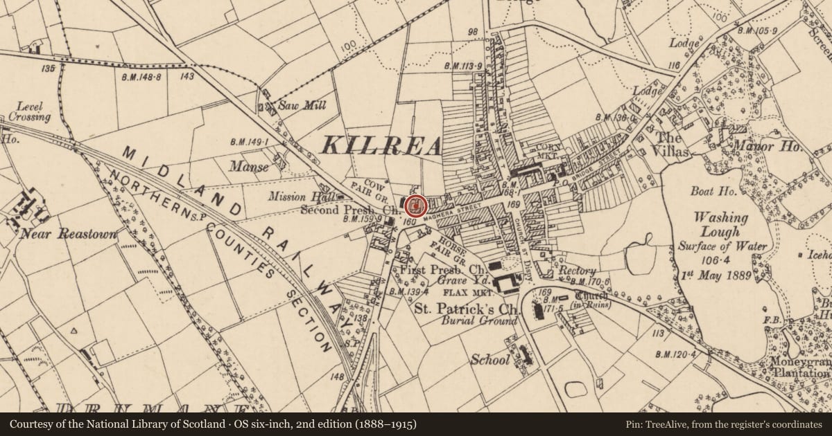 Ordnance Survey six-inch map, 2nd edition (1888–1915) covering the location of 67 Maghera Street, Kilrea, Causeway Coast and Glens, with a pin at the register's coordinates