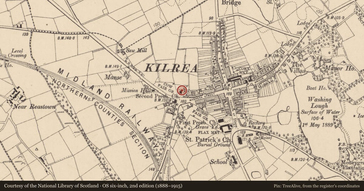 Ordnance Survey six-inch map, 2nd edition (1888–1915) covering the location of Second Presbyterian Church, Kilrea, Causeway Coast and Glens, with a pin at the register's coordinates