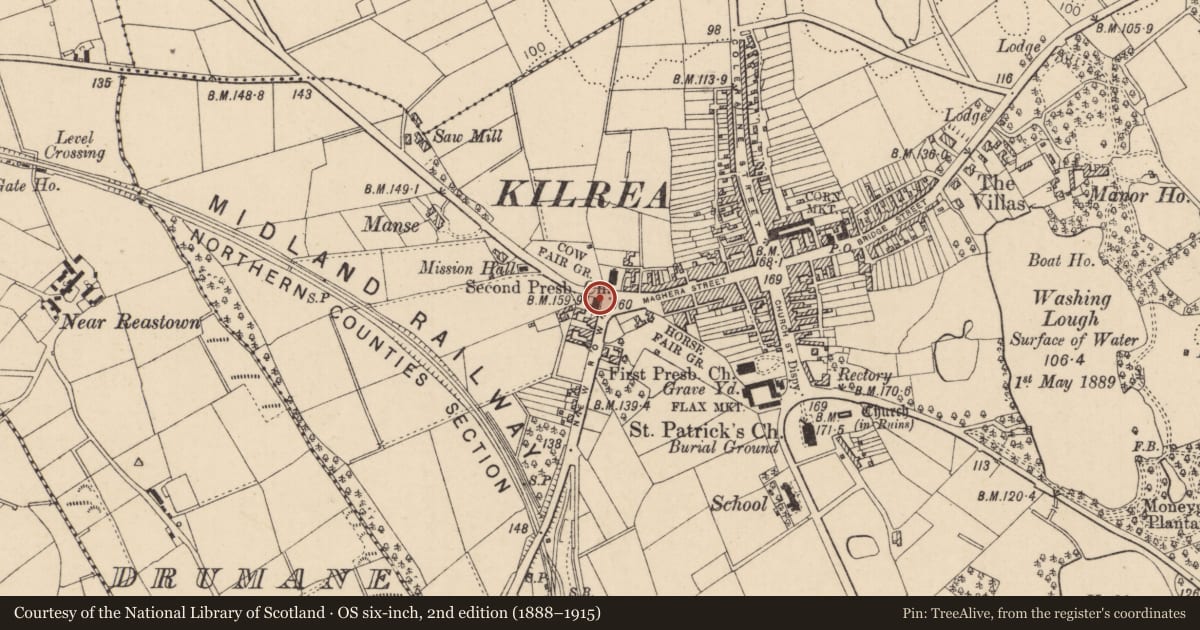 Ordnance Survey six-inch map, 2nd edition (1888–1915) covering the location of Northern Bank, Kilrea, Causeway Coast and Glens, with a pin at the register's coordinates