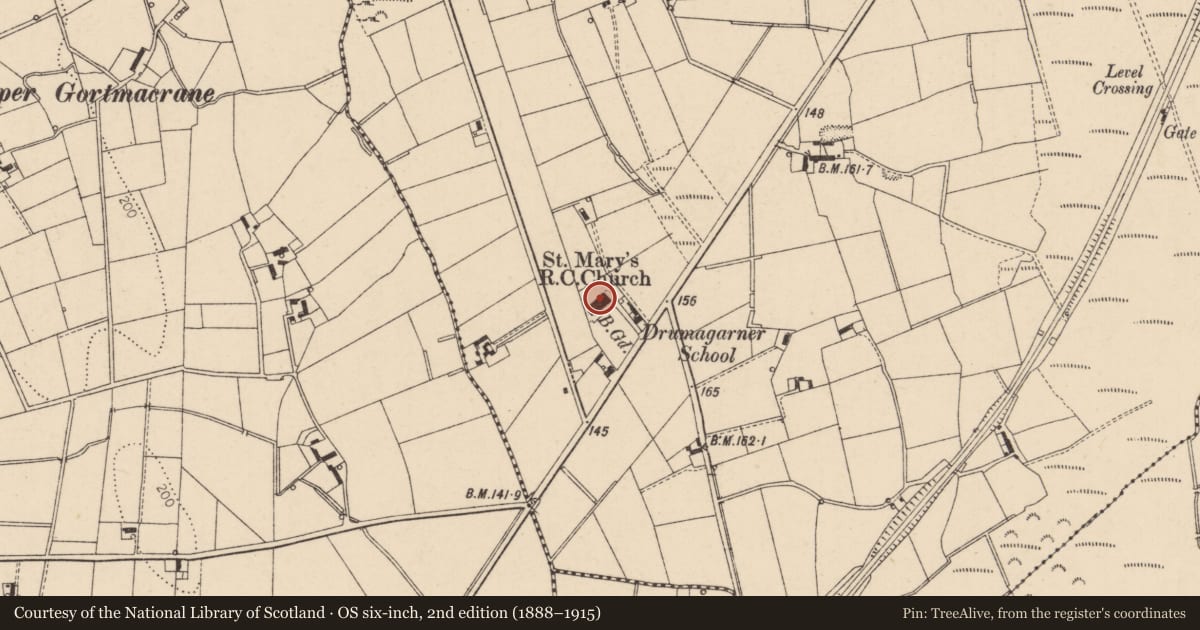 Ordnance Survey six-inch map, 2nd edition (1888–1915) covering the location of St Mary's Roman Catholic Church, Drumagarner, Causeway Coast and Glens, with a pin at the register's coordinates