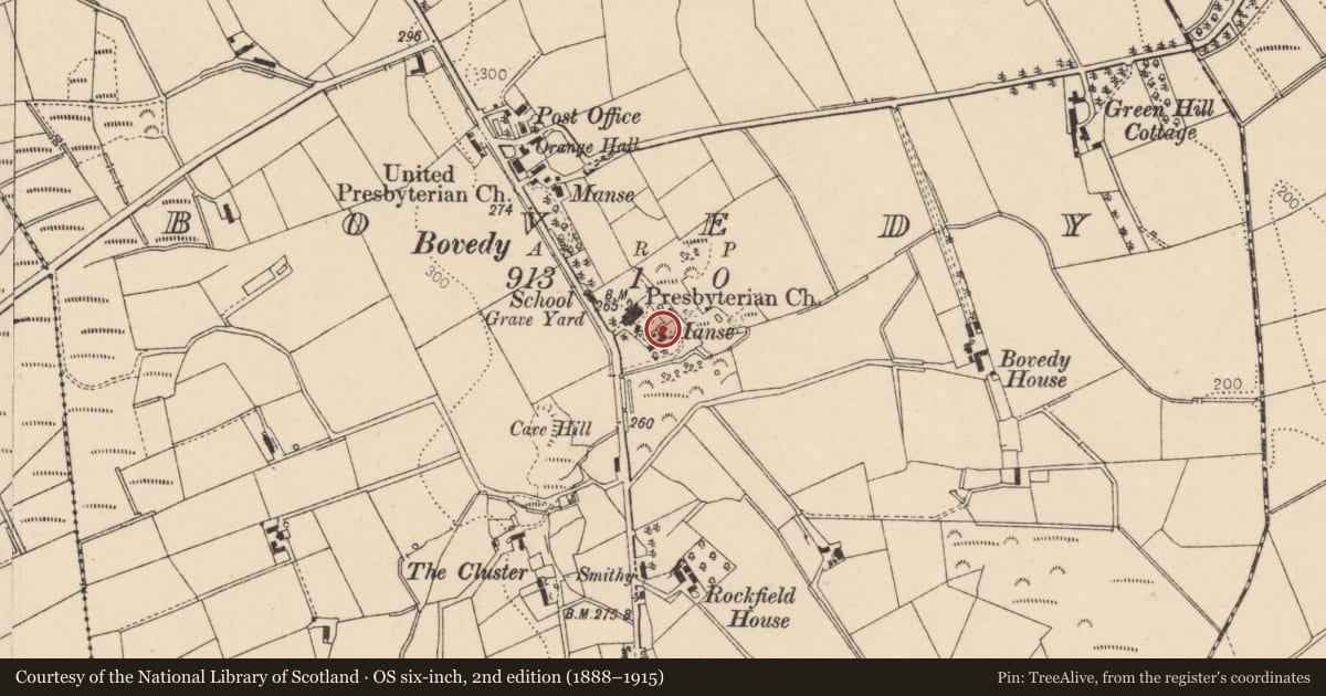 Ordnance Survey six-inch map, 2nd edition (1888–1915) covering the location of The Old Manse, 32 Boveedy Road, Coleraine, Co Londonderry, BT51 5XU, Bovedy, Causeway Coast and Glens, with a pin at the register's coordinates