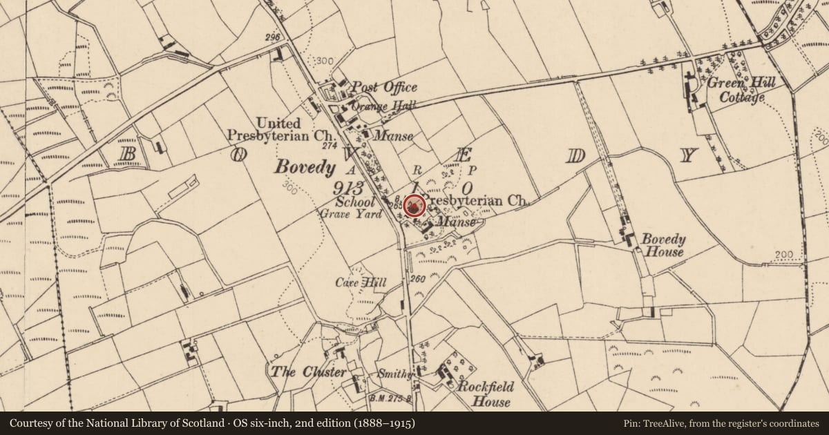Ordnance Survey six-inch map, 2nd edition (1888–1915) covering the location of Bovedy Presbyterian Church, Causeway Coast and Glens, with a pin at the register's coordinates
