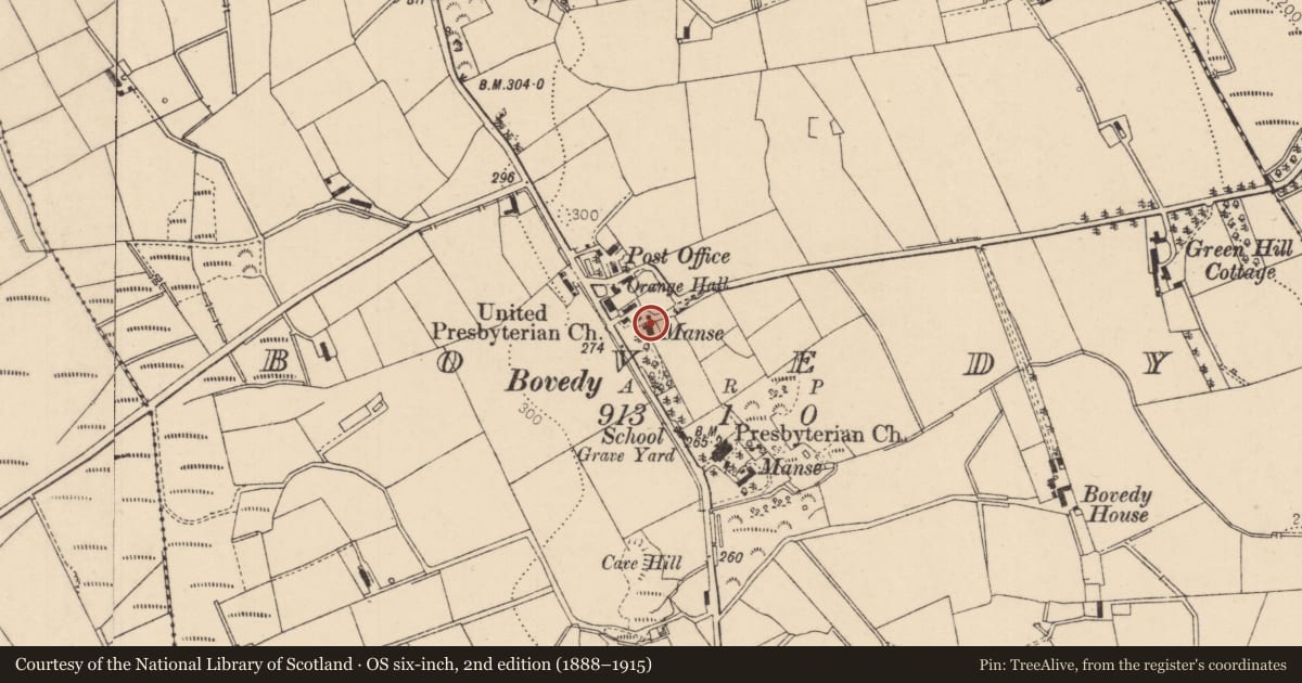 Ordnance Survey six-inch map, 2nd edition (1888–1915) covering the location of 26 Boveedy Road, Bovedy, Causeway Coast and Glens, with a pin at the register's coordinates