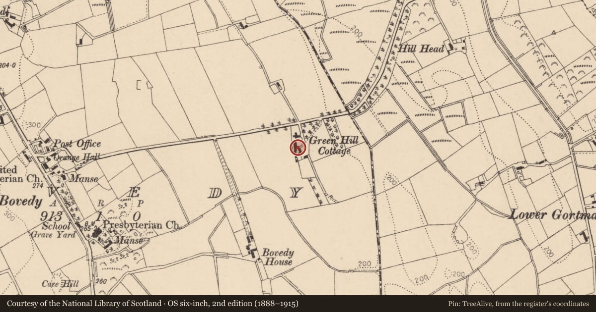 Ordnance Survey six-inch map, 2nd edition (1888–1915) covering the location of 21 Hillhead Road, Causeway Coast and Glens, with a pin at the register's coordinates