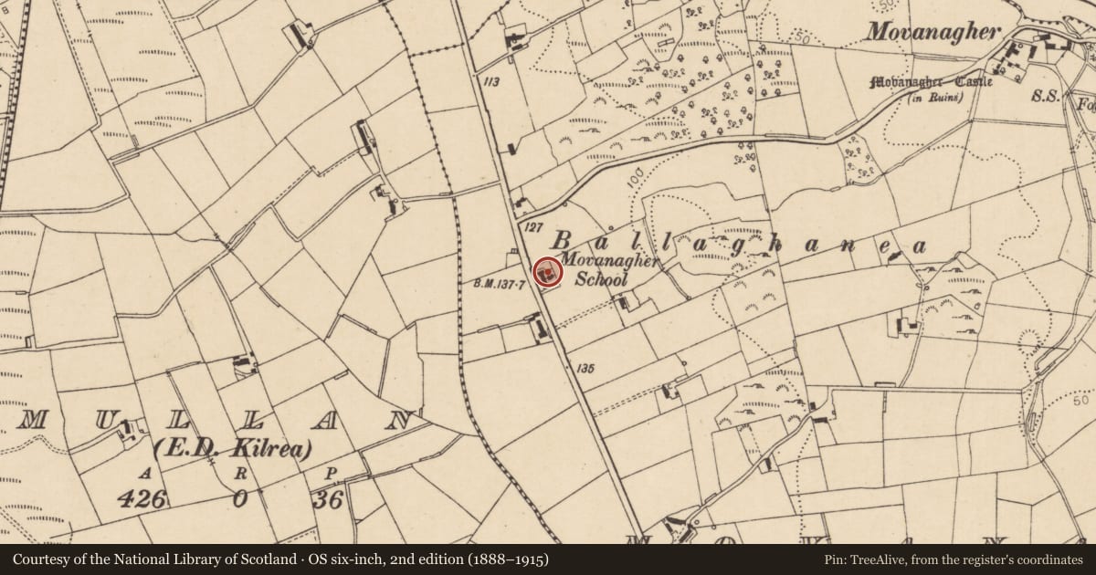 Ordnance Survey six-inch map, 2nd edition (1888–1915) covering the location of Movanagher School, Causeway Coast and Glens, with a pin at the register's coordinates