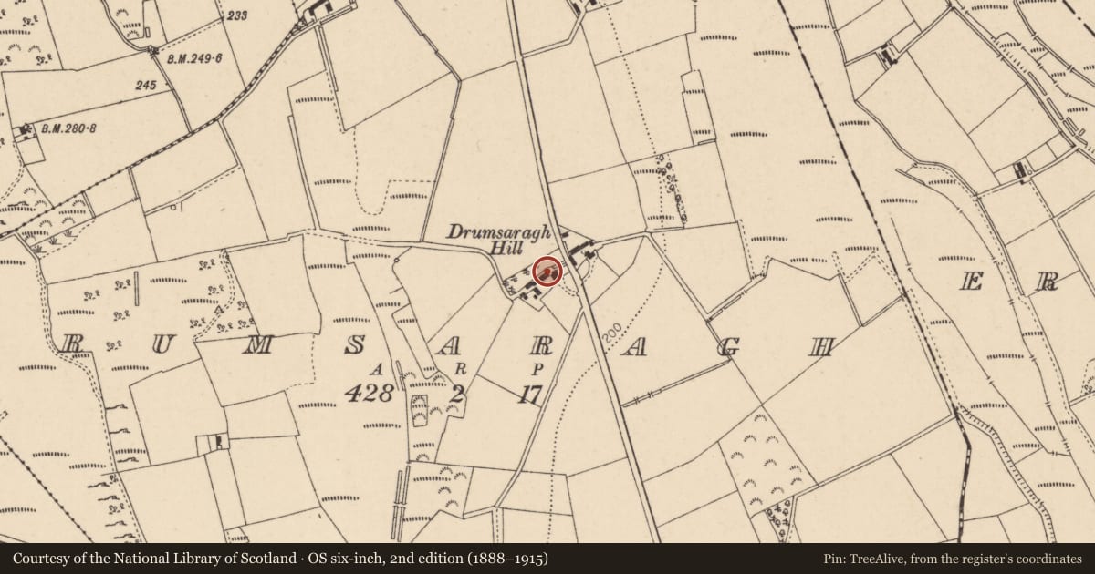 Ordnance Survey six-inch map, 2nd edition (1888–1915) covering the location of 78 Drumsaragh Road, Causeway Coast and Glens, with a pin at the register's coordinates
