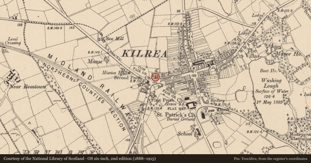 Ordnance Survey six-inch map, 2nd edition (1888–1915) covering the location of Telephone Kiosk, Kilrea, Causeway Coast and Glens, with a pin at the register's coordinates