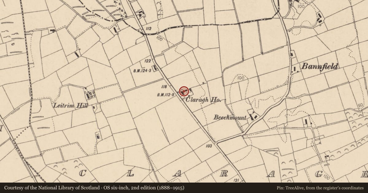 Ordnance Survey six-inch map, 2nd edition (1888–1915) covering the location of Claragh House, Causeway Coast and Glens, with a pin at the register's coordinates