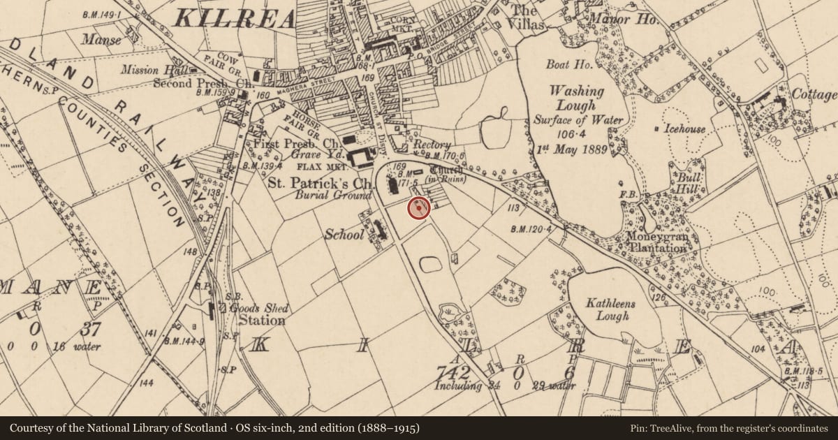 Ordnance Survey six-inch map, 2nd edition (1888–1915) covering the location of 2-14 Church Row, Causeway Coast and Glens, with a pin at the register's coordinates
