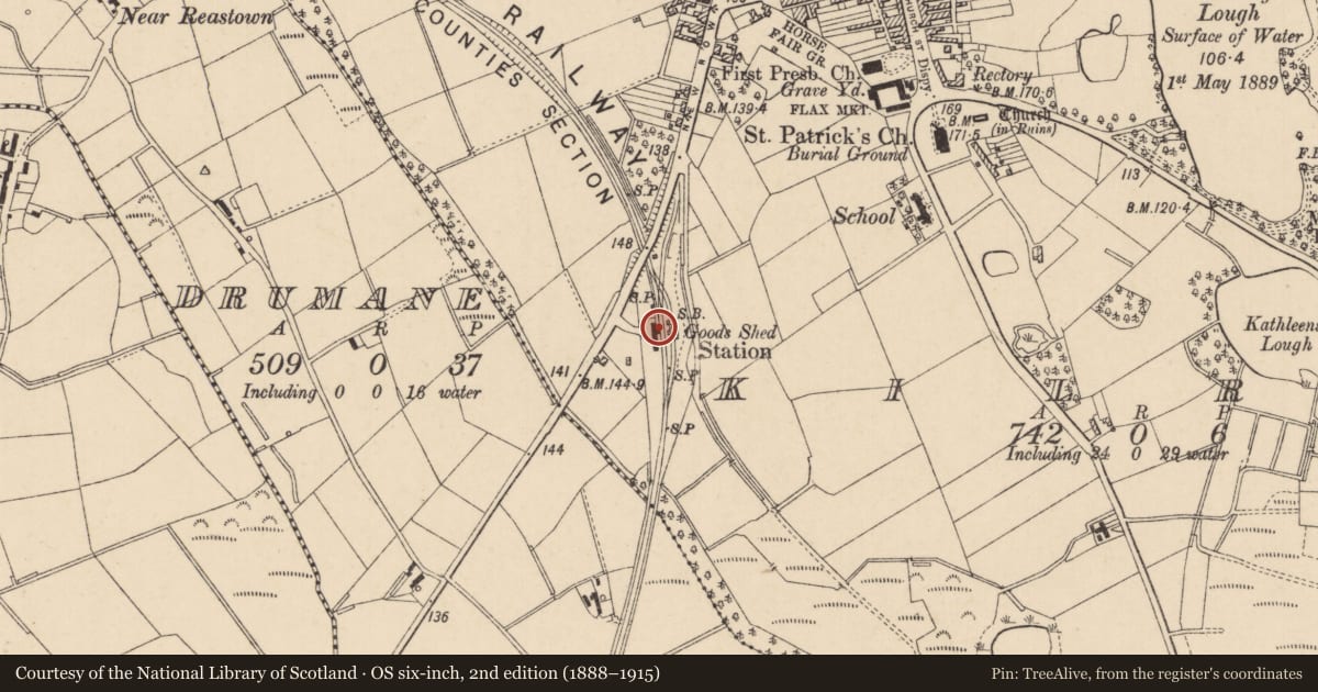 Ordnance Survey six-inch map, 2nd edition (1888–1915) covering the location of Former Station, Kilrea, Causeway Coast and Glens, with a pin at the register's coordinates