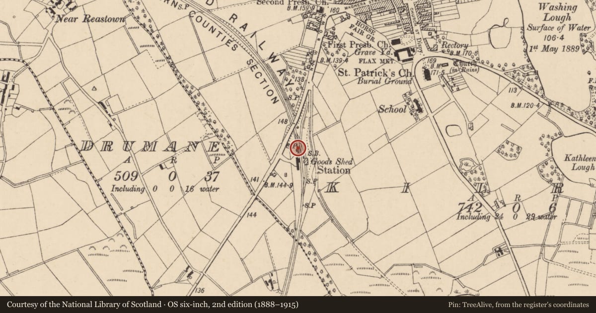 Ordnance Survey six-inch map, 2nd edition (1888–1915) covering the location of Water tank at former station, Kilrea, Causeway Coast and Glens, with a pin at the register's coordinates