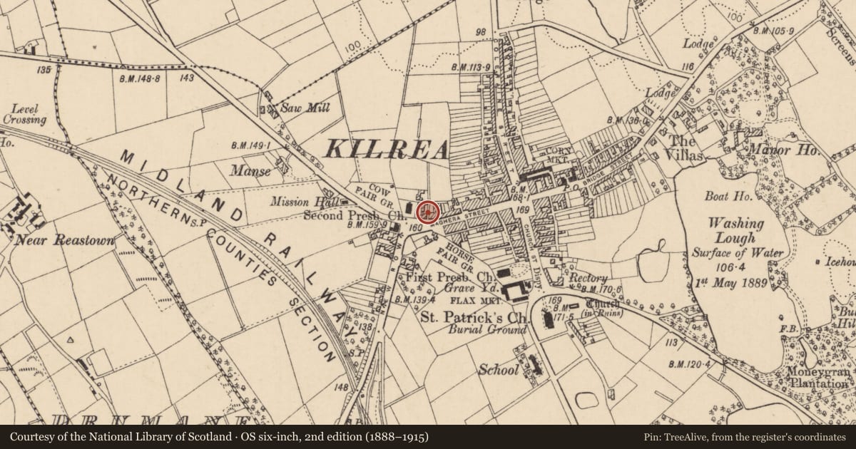 Ordnance Survey six-inch map, 2nd edition (1888–1915) covering the location of 65 Maghera Street, Causeway Coast and Glens, with a pin at the register's coordinates