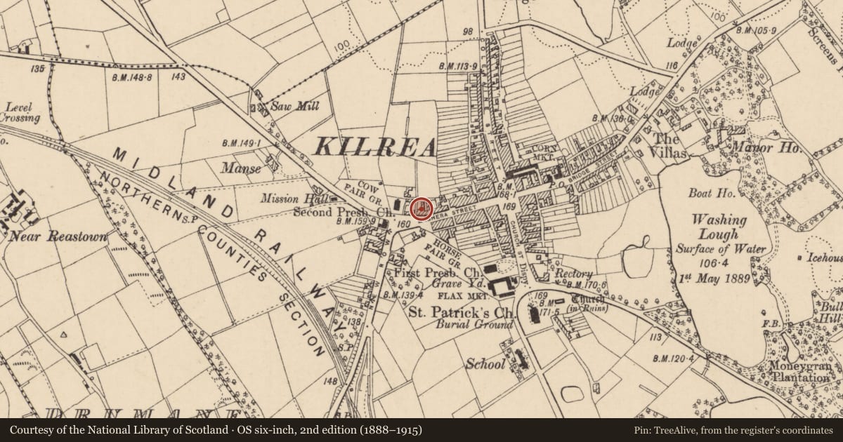 Ordnance Survey six-inch map, 2nd edition (1888–1915) covering the location of 63 Maghera Street, Causeway Coast and Glens, with a pin at the register's coordinates