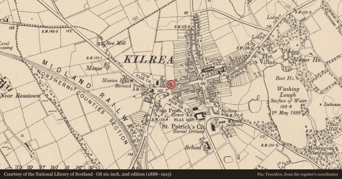 Ordnance Survey six-inch map, 2nd edition (1888–1915) covering the location of 55-61 Maghera Street, Causeway Coast and Glens, with a pin at the register's coordinates