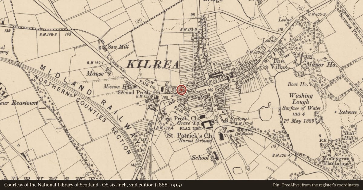 Ordnance Survey six-inch map, 2nd edition (1888–1915) covering the location of 47-49 Maghera Street, Causeway Coast and Glens, with a pin at the register's coordinates