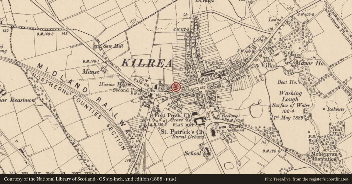 Ordnance Survey six-inch map, 2nd edition (1888–1915) covering the location of 43-45 Maghera Street, Causeway Coast and Glens, with a pin at the register's coordinates
