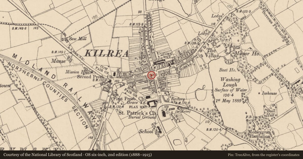 Ordnance Survey six-inch map, 2nd edition (1888–1915) covering the location of 37 Maghera Street, Causeway Coast and Glens, with a pin at the register's coordinates