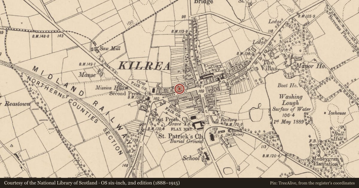 Ordnance Survey six-inch map, 2nd edition (1888–1915) covering the location of 31-33 Maghera Street, Causeway Coast and Glens, with a pin at the register's coordinates