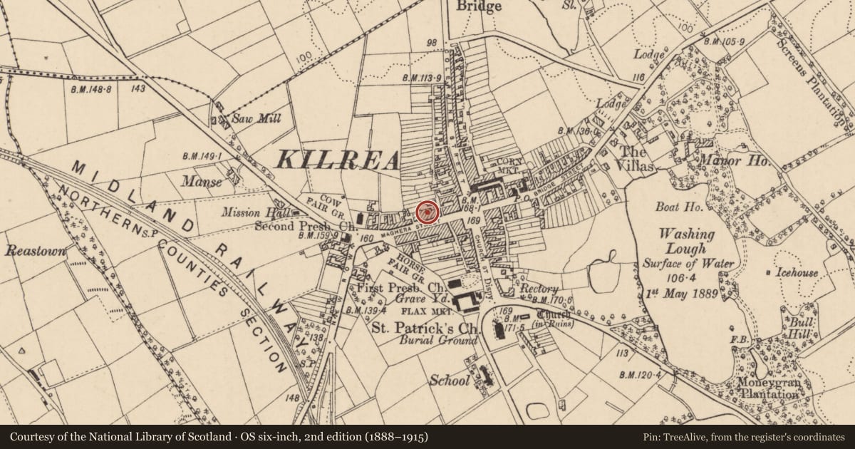 Ordnance Survey six-inch map, 2nd edition (1888–1915) covering the location of 27-29 Maghera Street, Causeway Coast and Glens, with a pin at the register's coordinates
