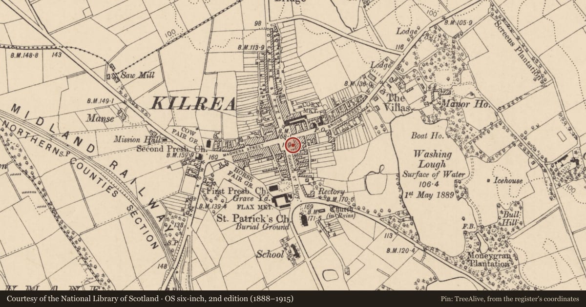Ordnance Survey six-inch map, 2nd edition (1888–1915) covering the location of Telephone Kiosk, Kilrea, Causeway Coast and Glens, with a pin at the register's coordinates