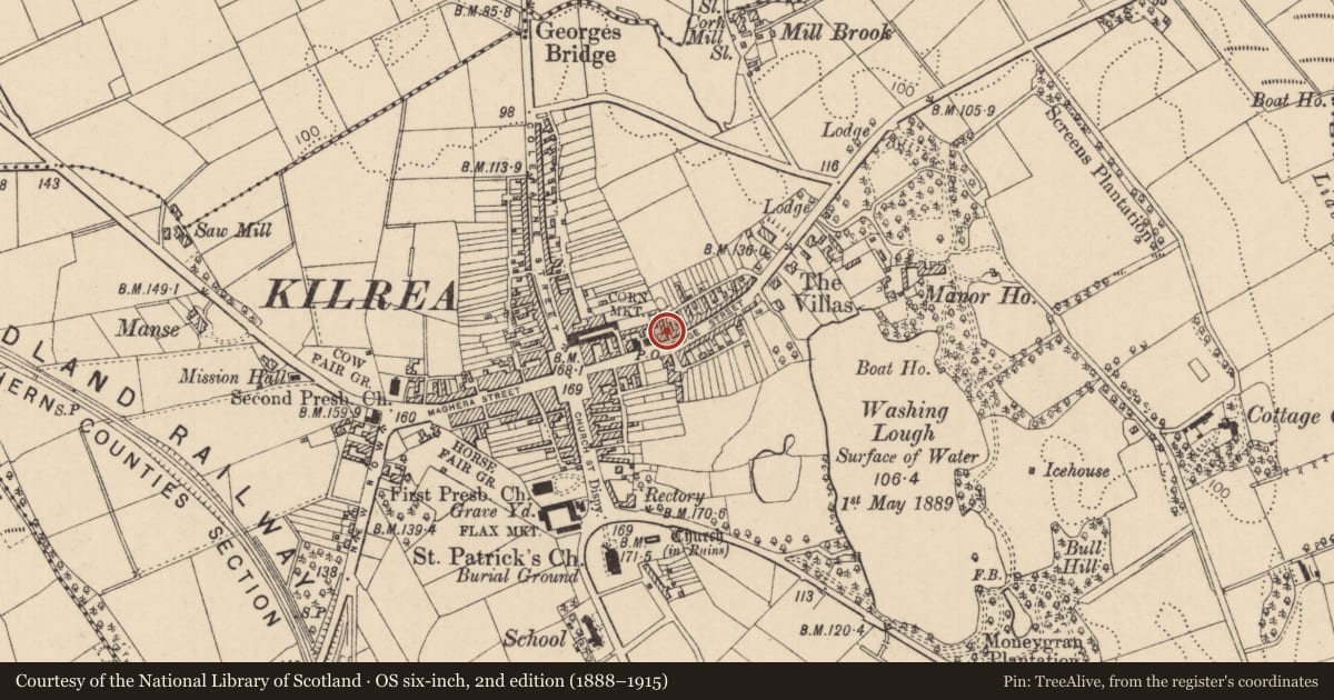 Ordnance Survey six-inch map, 2nd edition (1888–1915) covering the location of 22 Bridge Street, Causeway Coast and Glens, with a pin at the register's coordinates