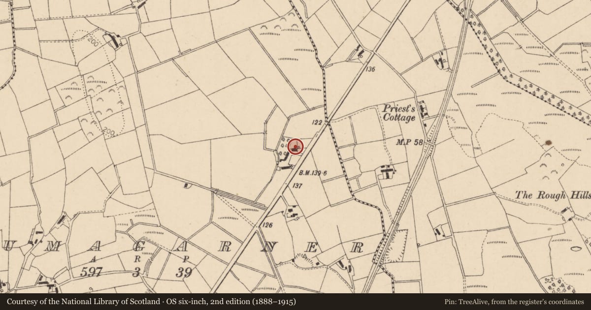 Ordnance Survey six-inch map, 2nd edition (1888–1915) covering the location of 53 Drumagarner Road, Causeway Coast and Glens, with a pin at the register's coordinates