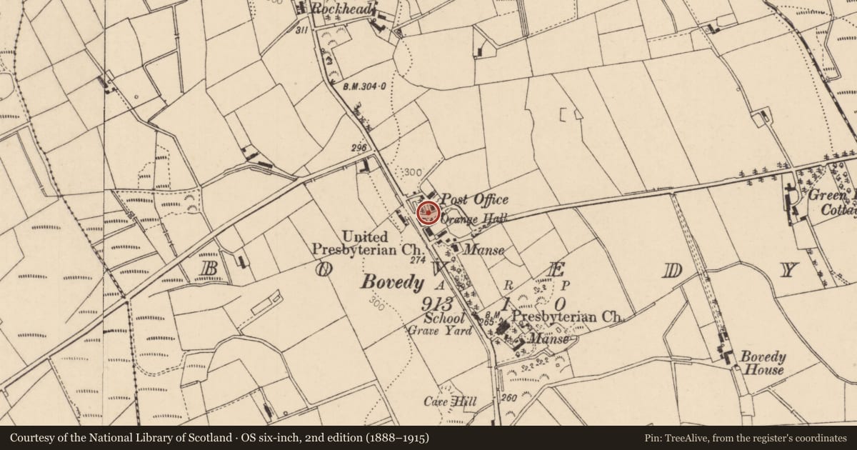 Ordnance Survey six-inch map, 2nd edition (1888–1915) covering the location of K6 Telephone Kiosk, Killygullib Glebe, with a pin at the register's coordinates