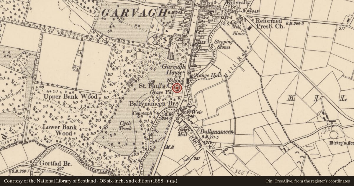 Ordnance Survey six-inch map, 2nd edition (1888–1915) covering the location of St Paul's Church, Garvagh, Causeway Coast and Glens, with a pin at the register's coordinates